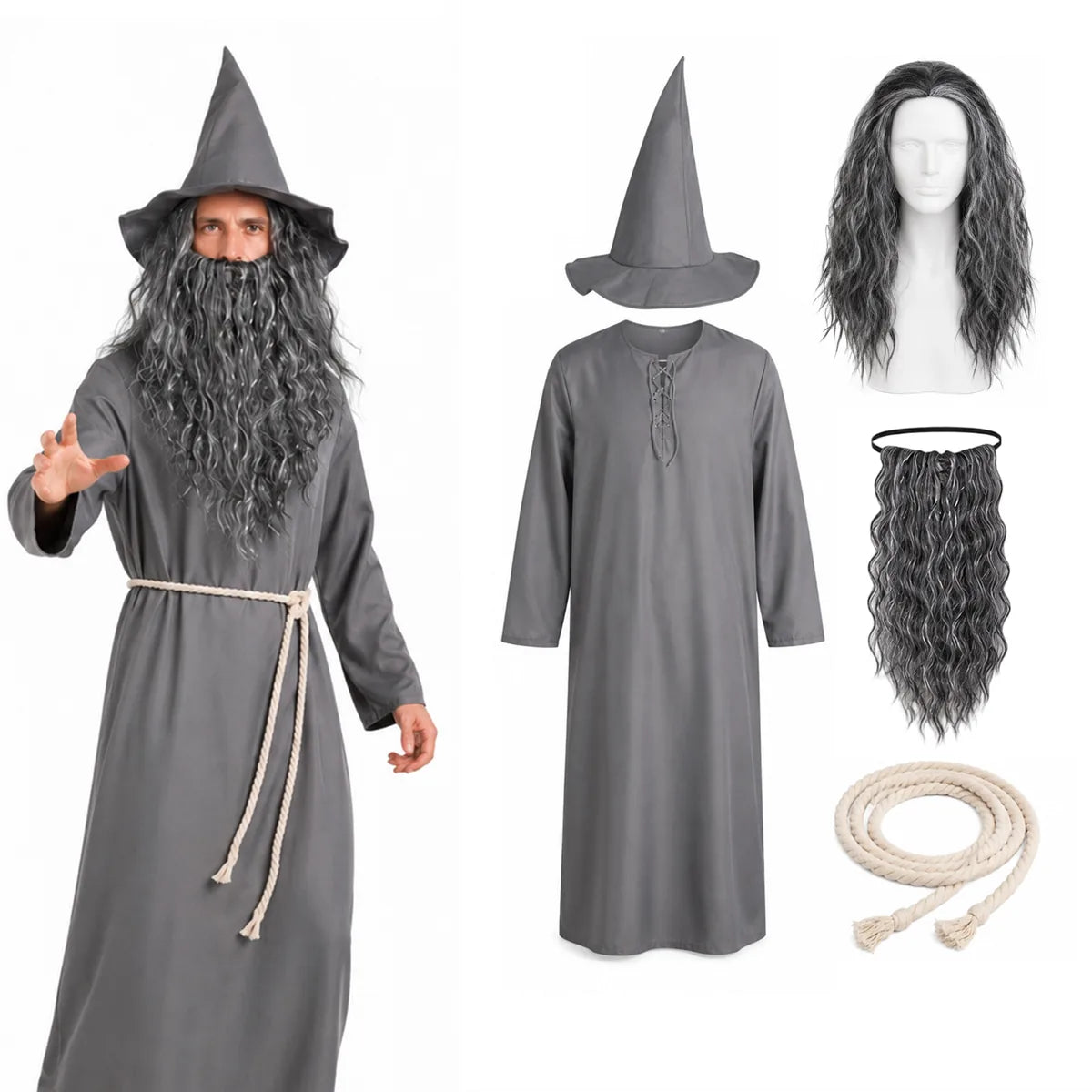 Adult gray wizard costume set with robe hat wig beard and rope belt