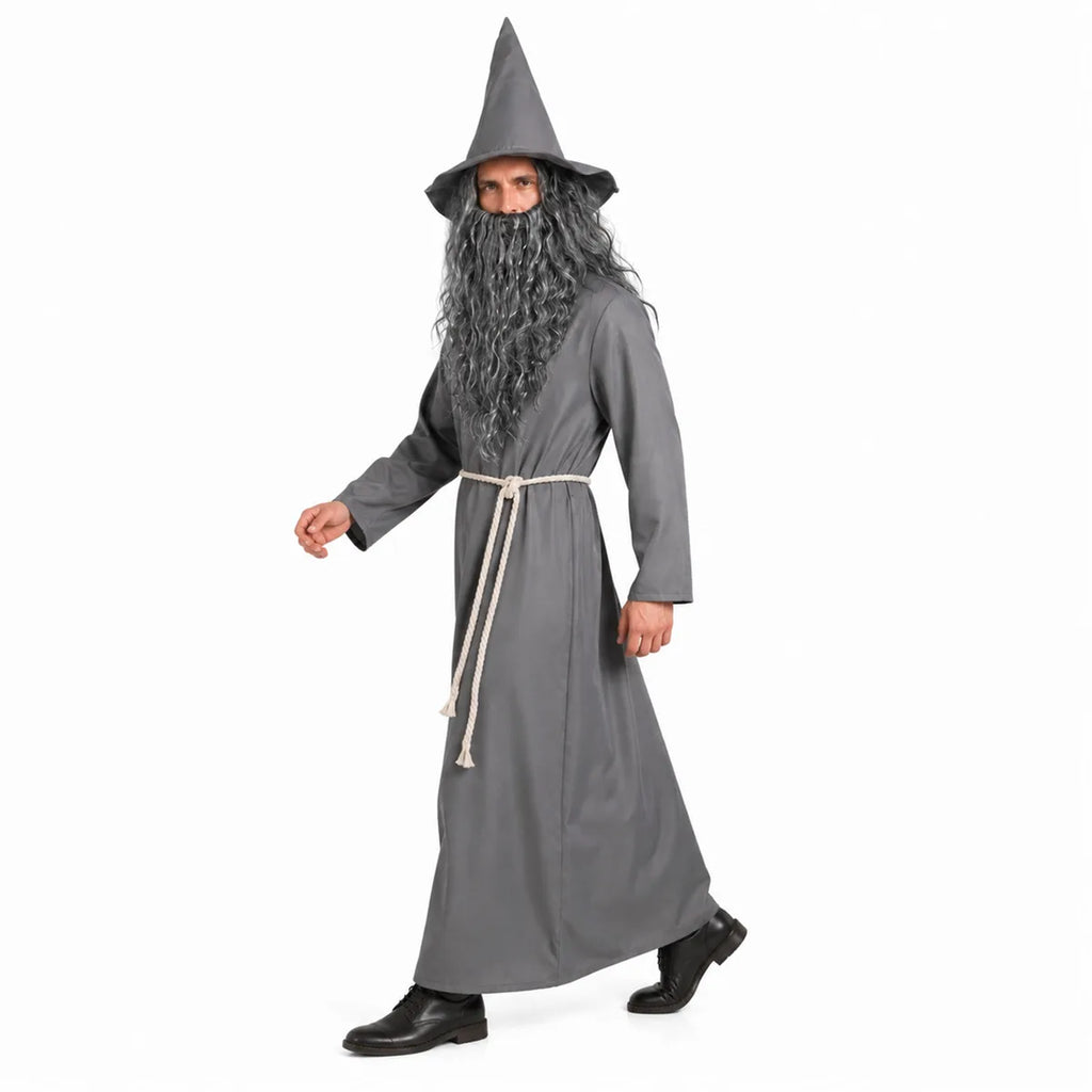 Adult gray wizard robe costume front and side model views