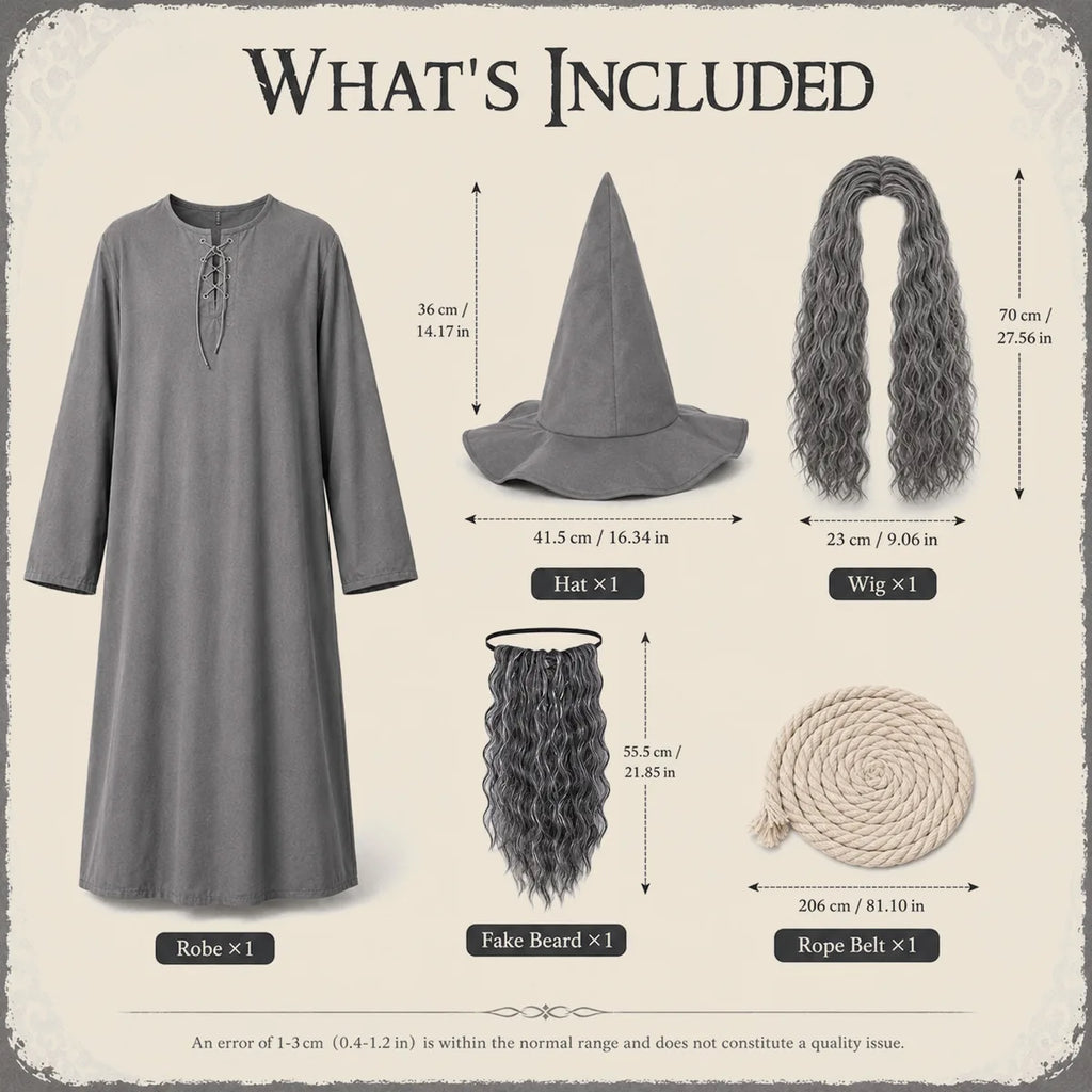 Gray wizard costume included robe hat wig beard and rope belt