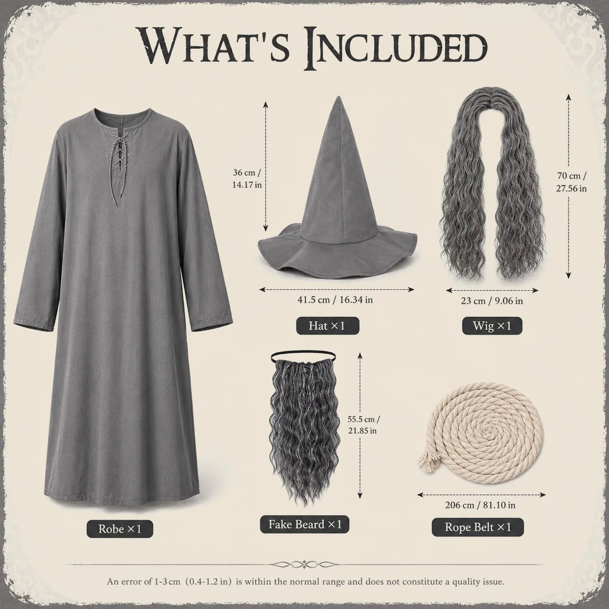 Gray wizard costume included robe hat wig beard and rope belt
