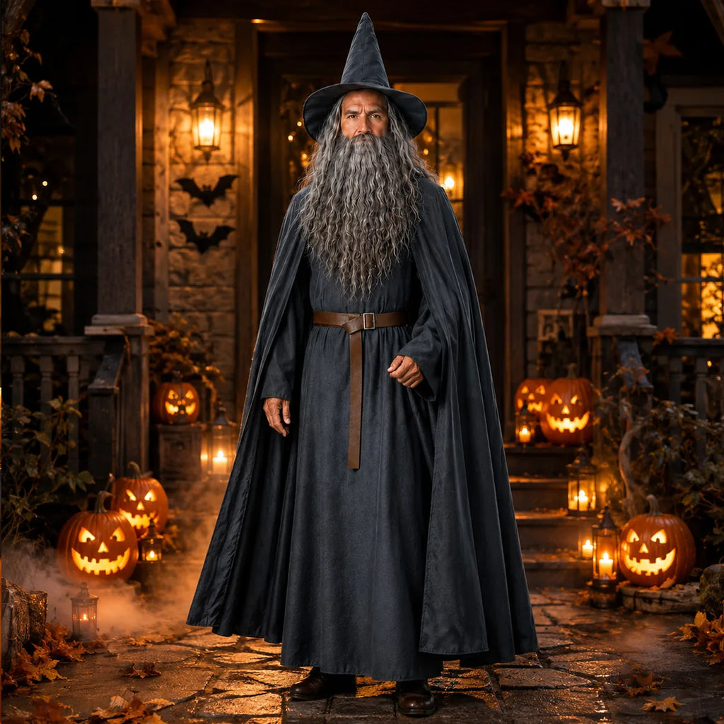 Adult gray wizard costume fantasy party styling scene