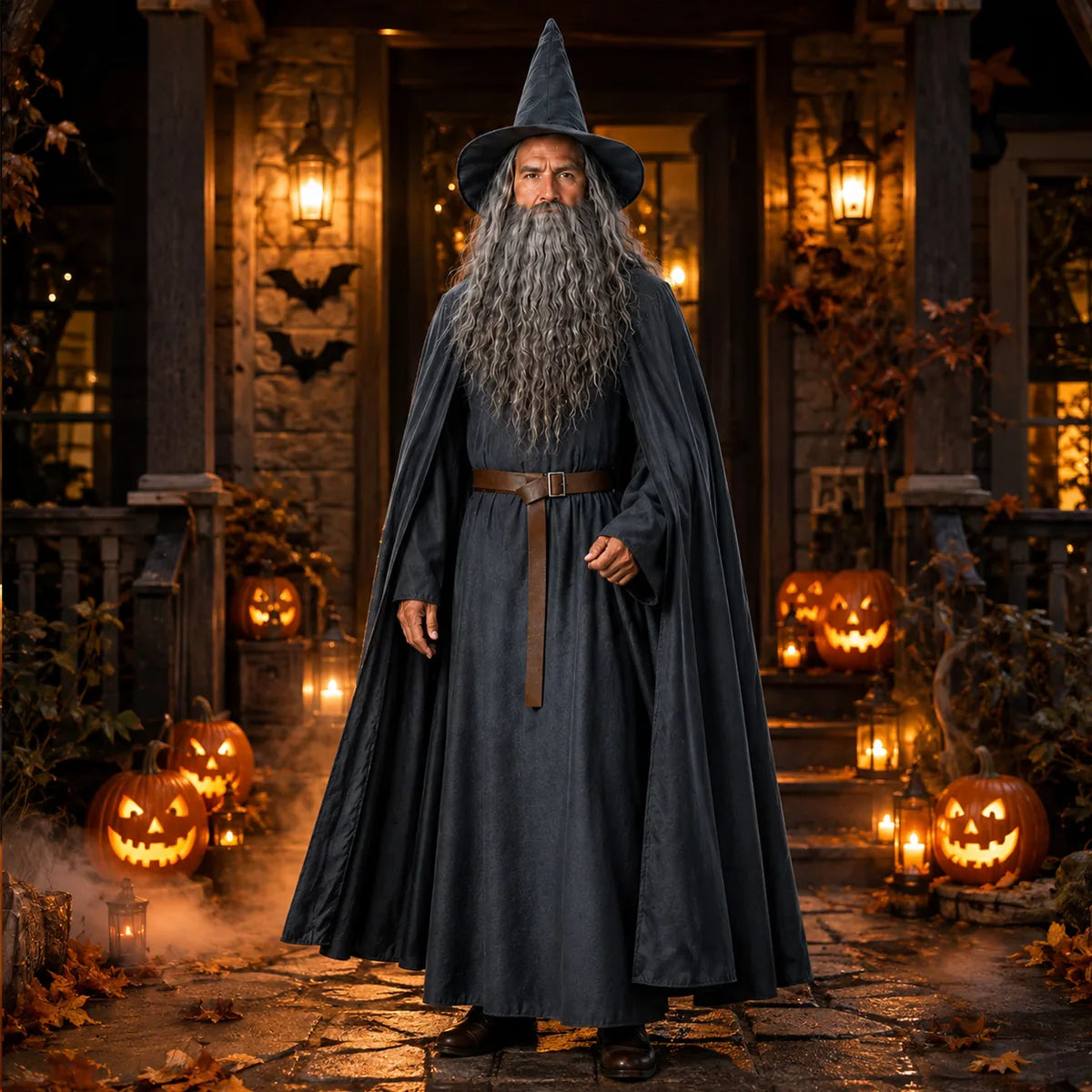 Adult gray wizard costume fantasy party styling scene