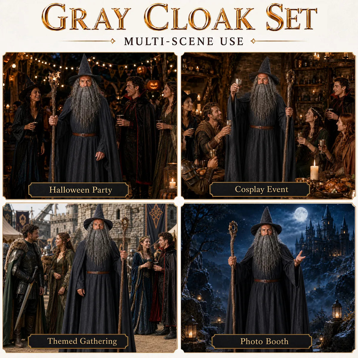 Gray wizard robe cloak hat wig and beard costume lifestyle view