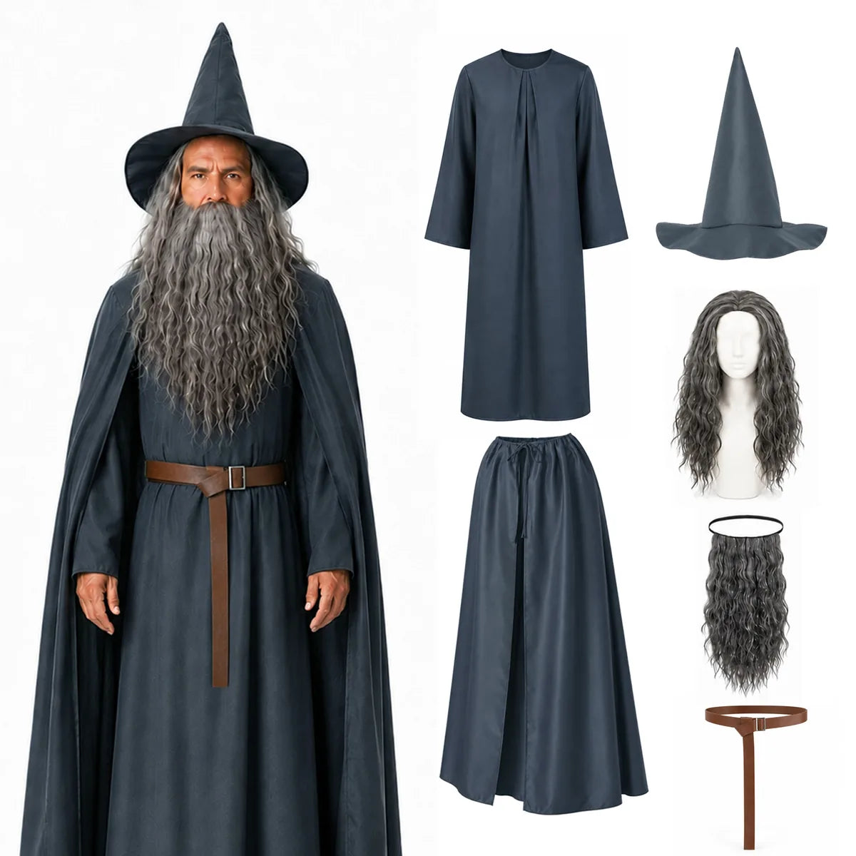 Adult gray wizard costume set with layered robe cloak hat wig beard and belt