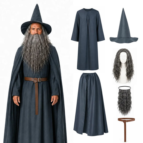 Adult gray wizard costume set with layered robe cloak hat wig beard and belt