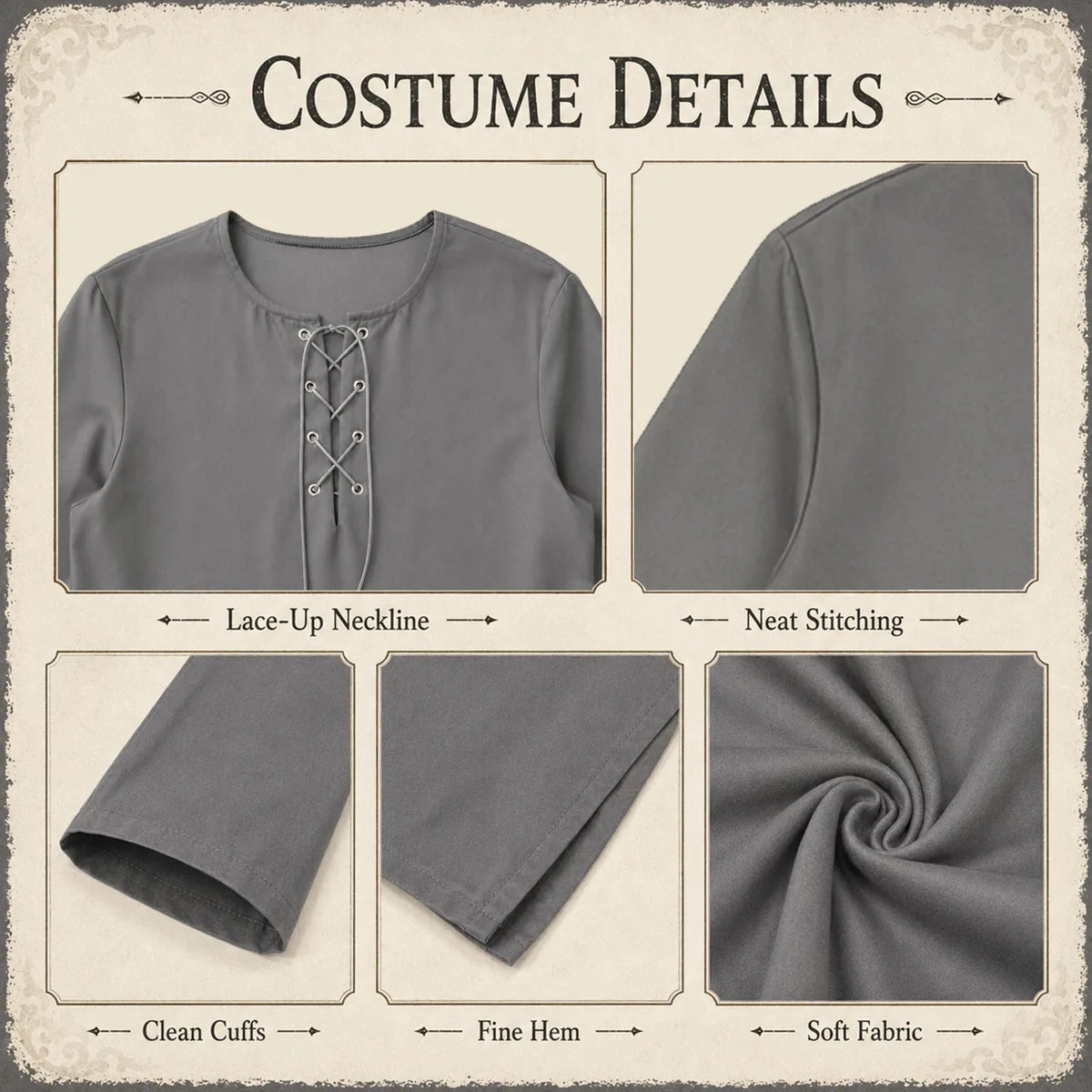 Gray wizard robe lace-up neckline sleeve and fabric details