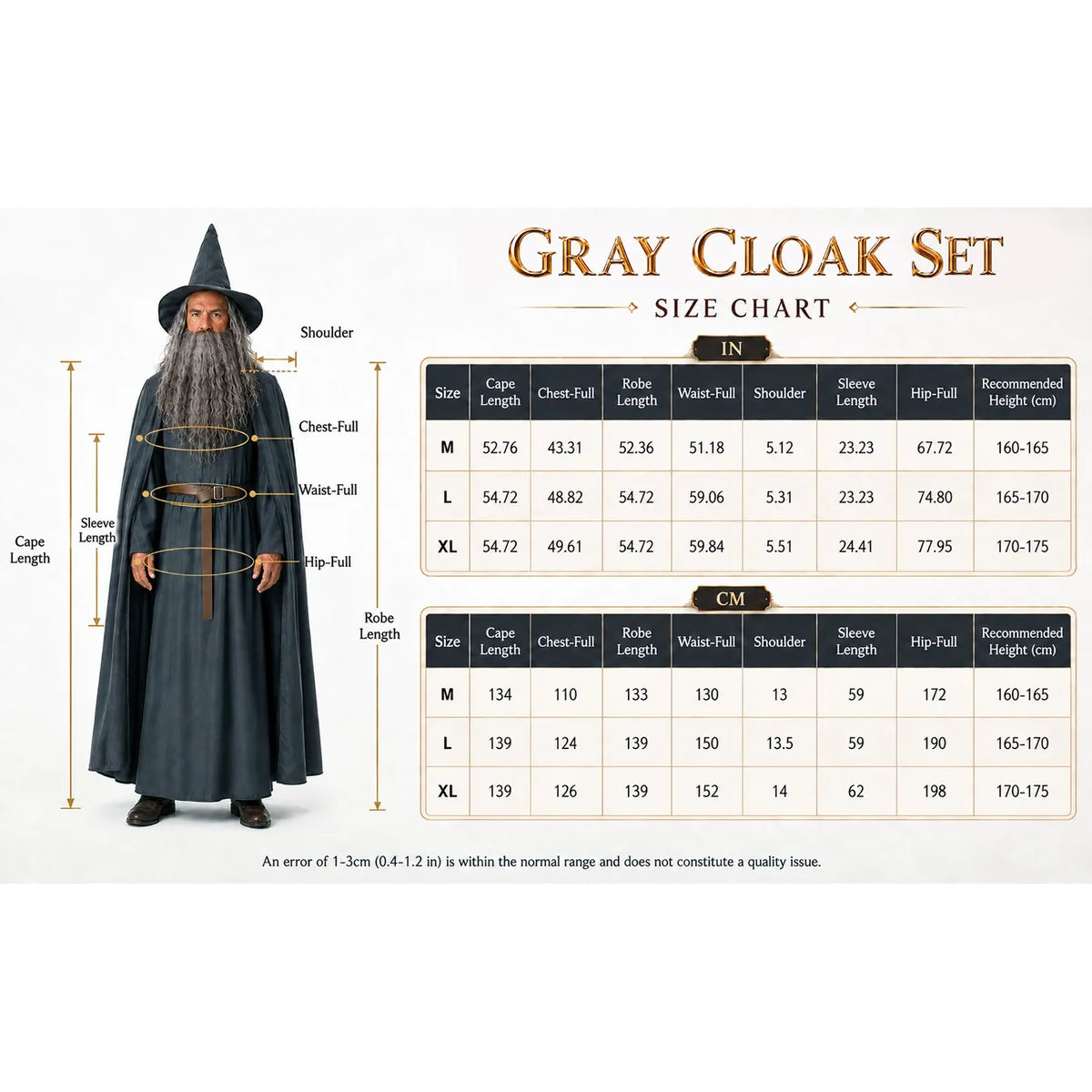 Adult gray wizard costume size chart for M L and XL