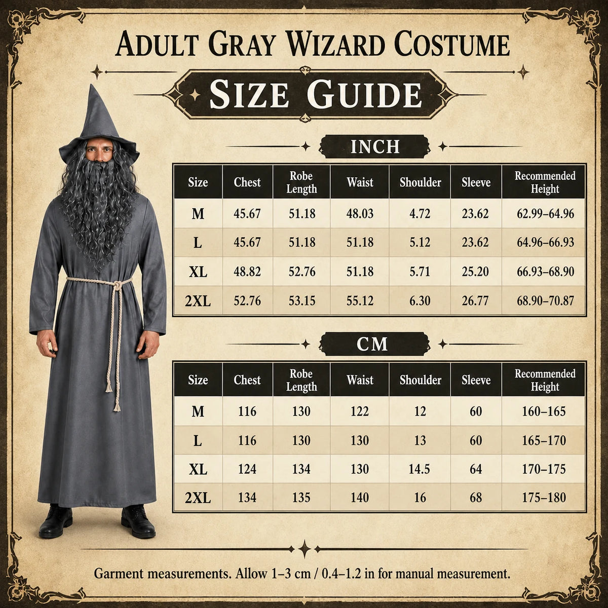 Adult gray wizard costume size guide for M to 2XL with garment measurements in inches and centimeters