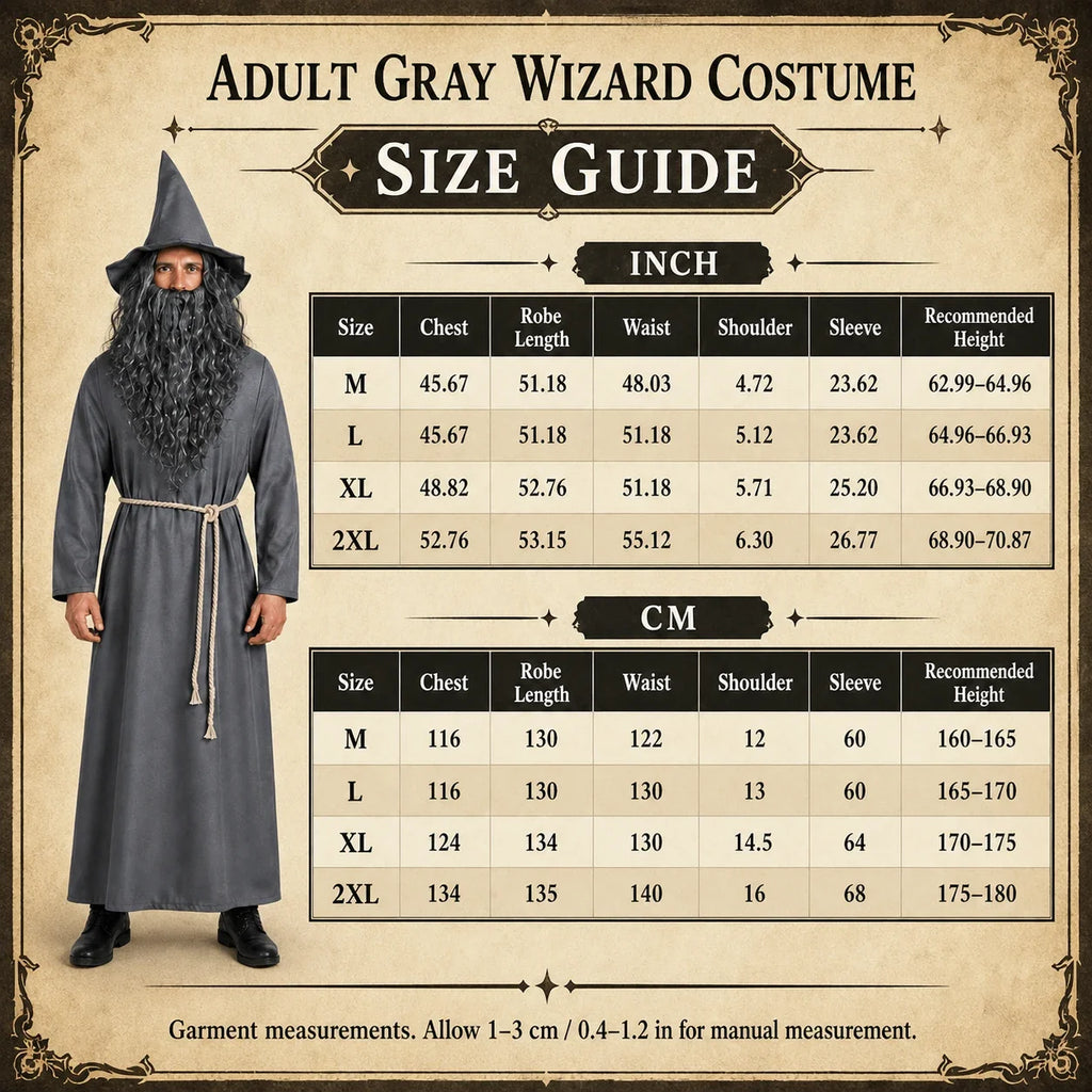 Adult gray wizard costume size guide for M to 2XL with garment measurements in inches and centimeters