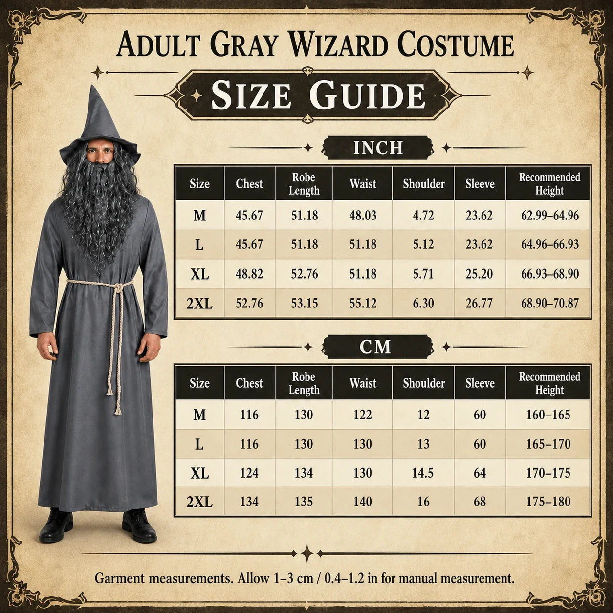 Adult gray wizard costume size guide for M to 2XL with garment measurements in inches and centimeters