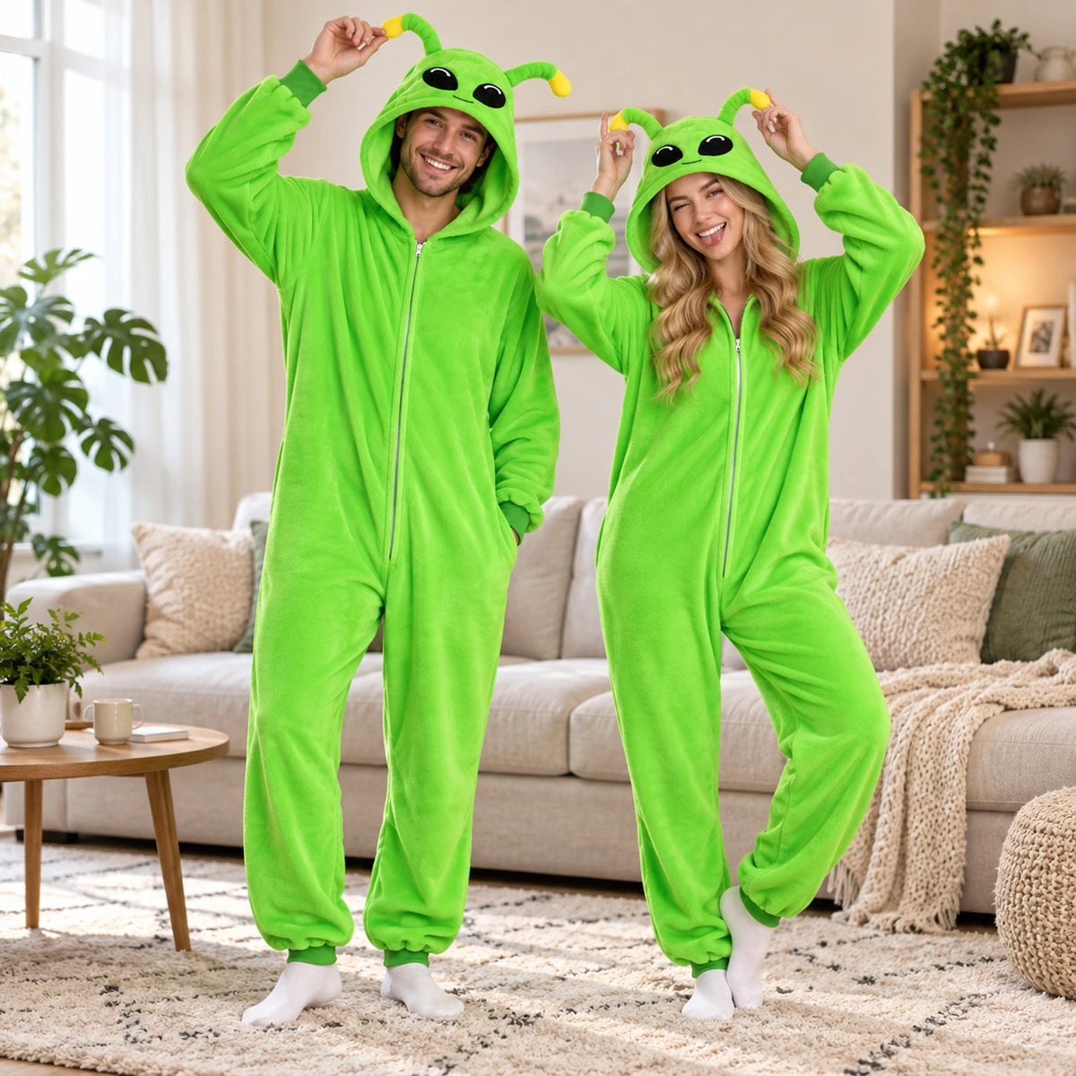 A man and woman wear separate green alien costumes with matching antenna hoods in a living room.