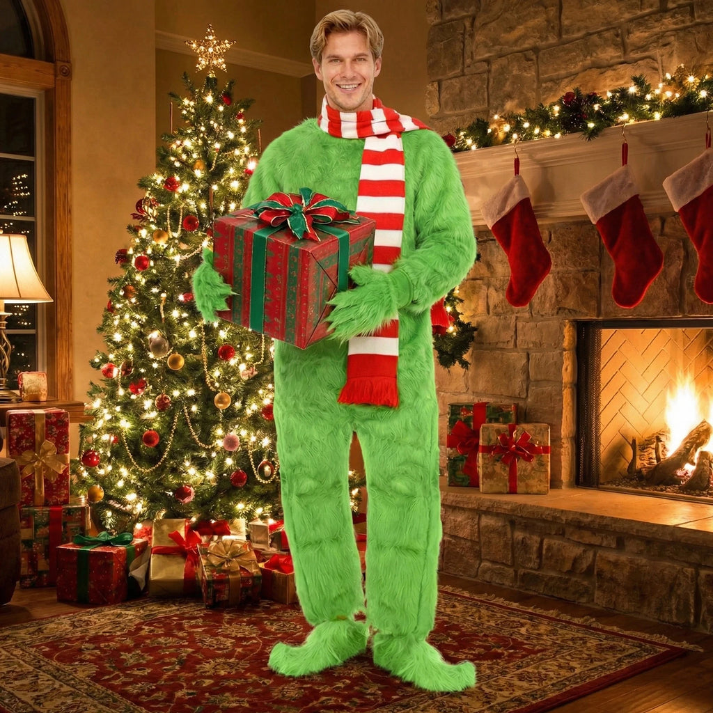 An adult in a green monster jumpsuit and striped scarf holds a wrapped present beside a decorated Christmas tree.