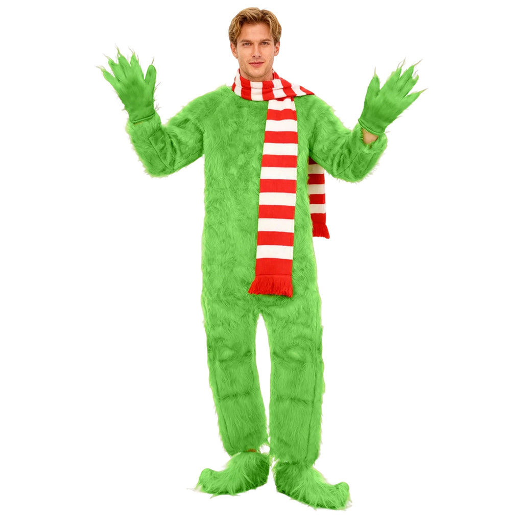 An adult models the green jumpsuit with raised gloves, a red-and-white striped scarf and matching shoe covers.