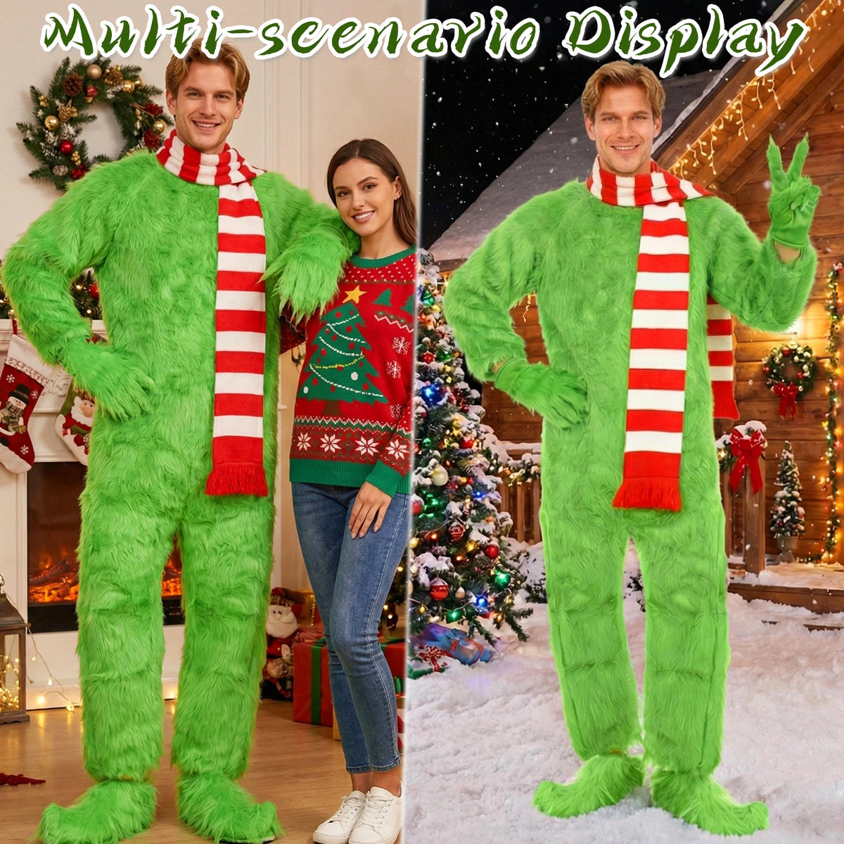 A holiday collage shows the green jumpsuit and striped scarf with friends; the other clothing and decorations are not included.