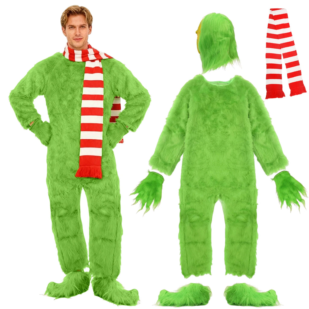 Inspired by the Grinch, an adult wears the green jumpsuit and striped scarf beside the separate mask, gloves and shoe covers.