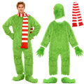 Inspired by the Grinch, an adult wears the green jumpsuit and striped scarf beside the separate mask, gloves and shoe covers.