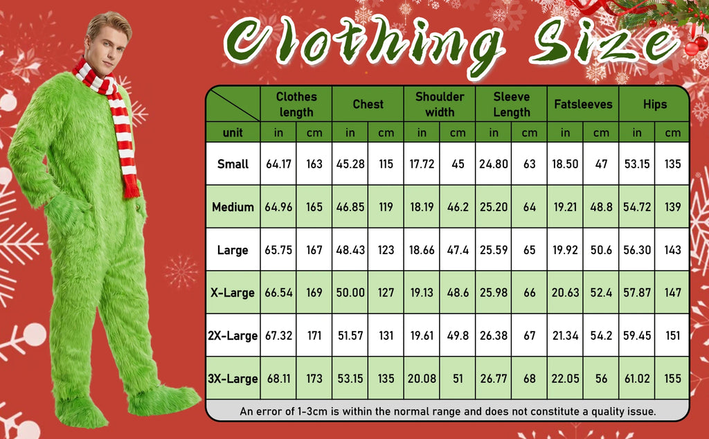 Size chart lists garment measurements in centimeters and inches for the green jumpsuit in sizes S through 3XL.