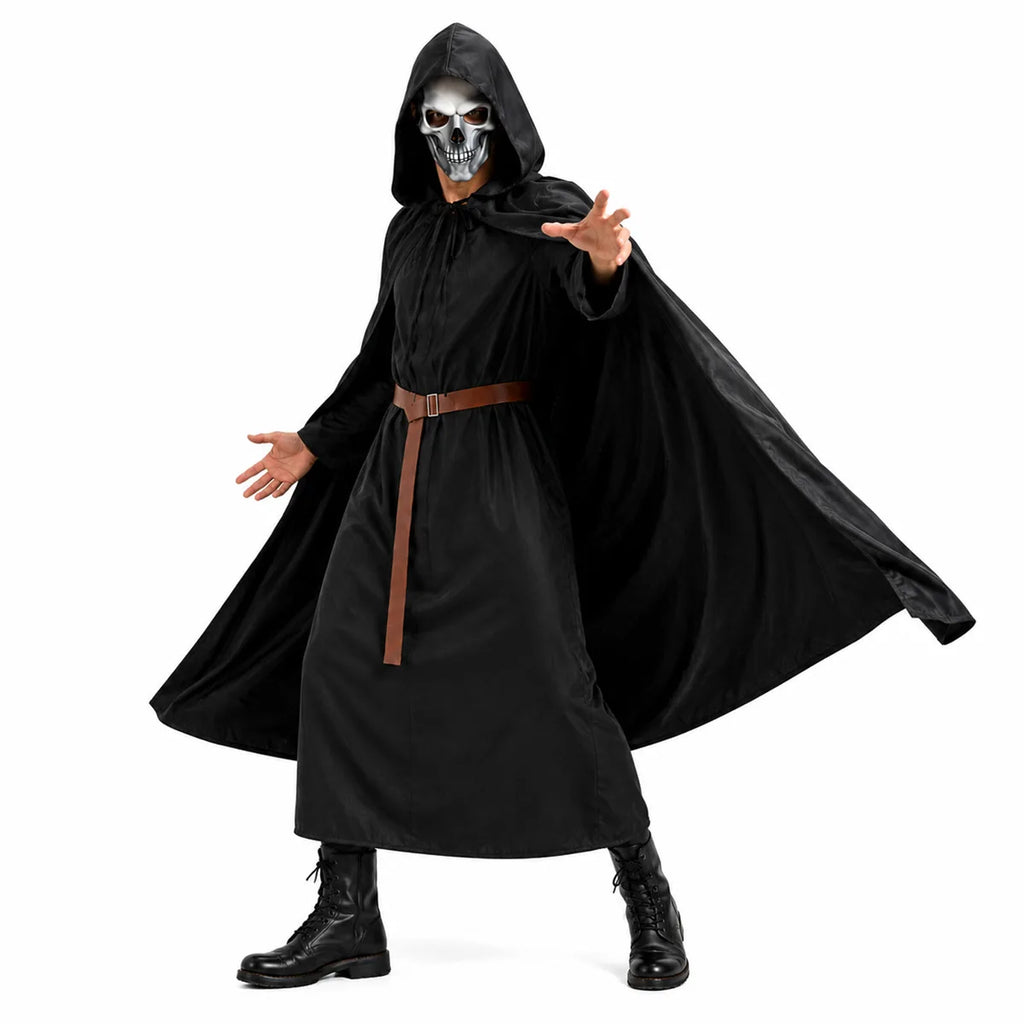 Adult wearing black grim reaper robe set in action pose