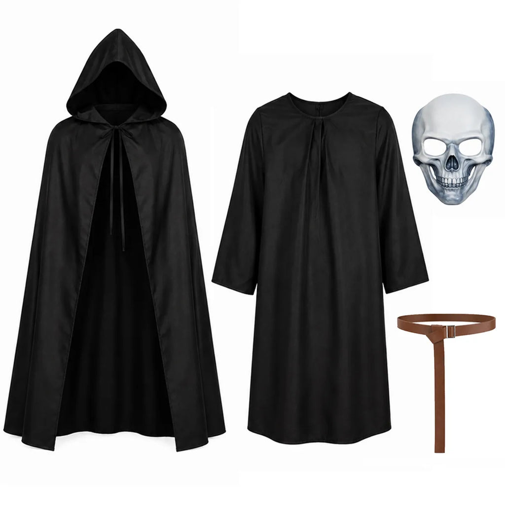 Grim reaper costume hooded cape inner robe skull mask and belt