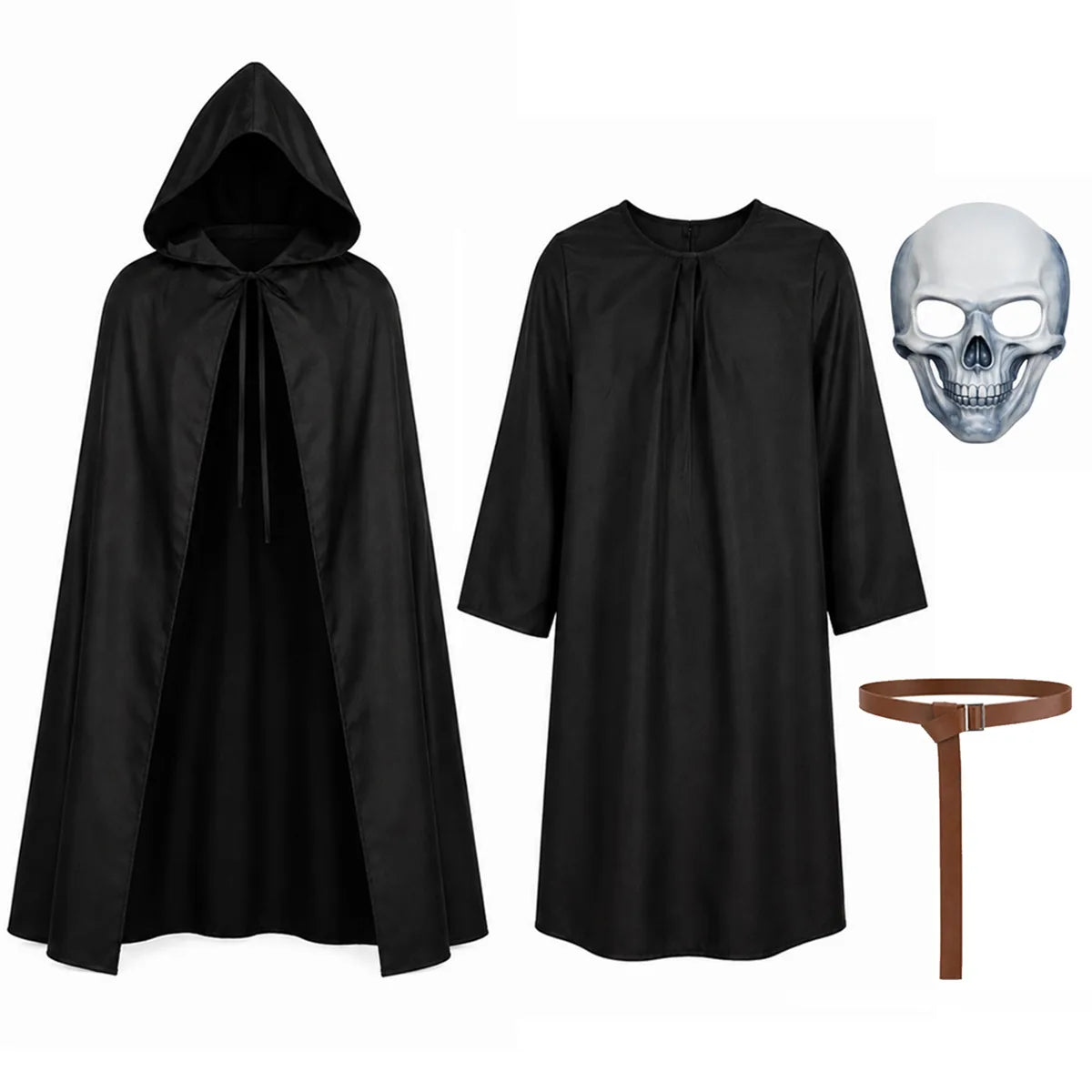 Grim reaper costume hooded cape inner robe skull mask and belt
