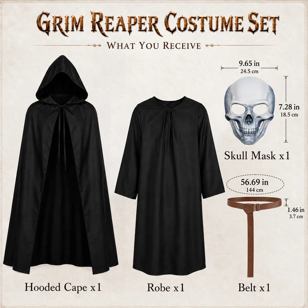 Grim reaper costume contents with skull mask and belt measurements