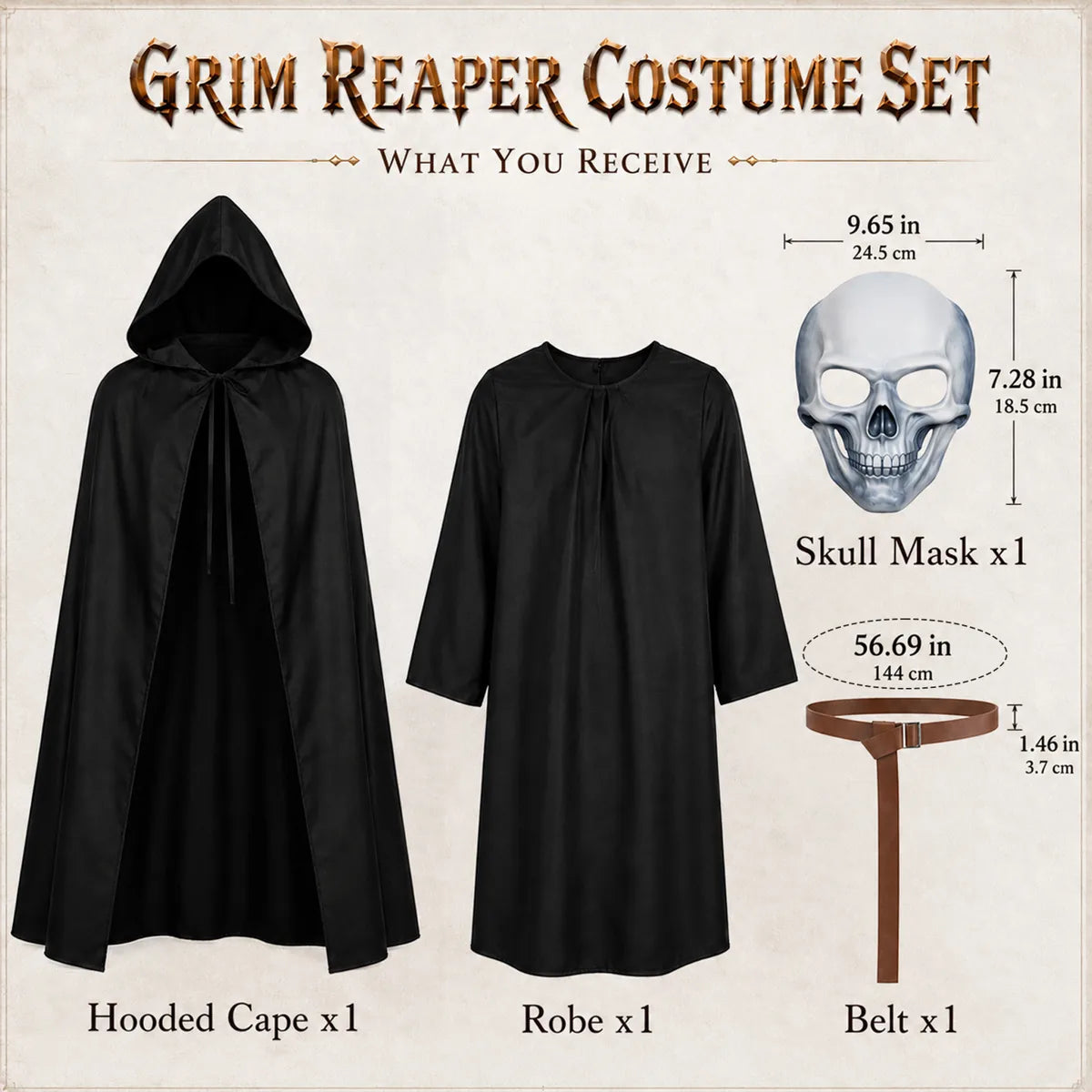 Grim reaper costume contents with skull mask and belt measurements