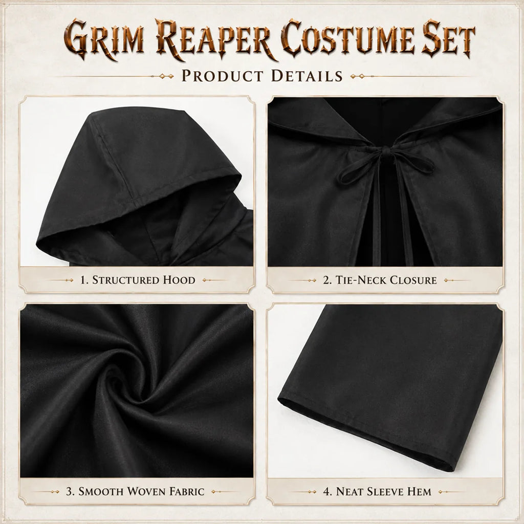 Black grim reaper cape hood tie closure fabric and sleeve hem details