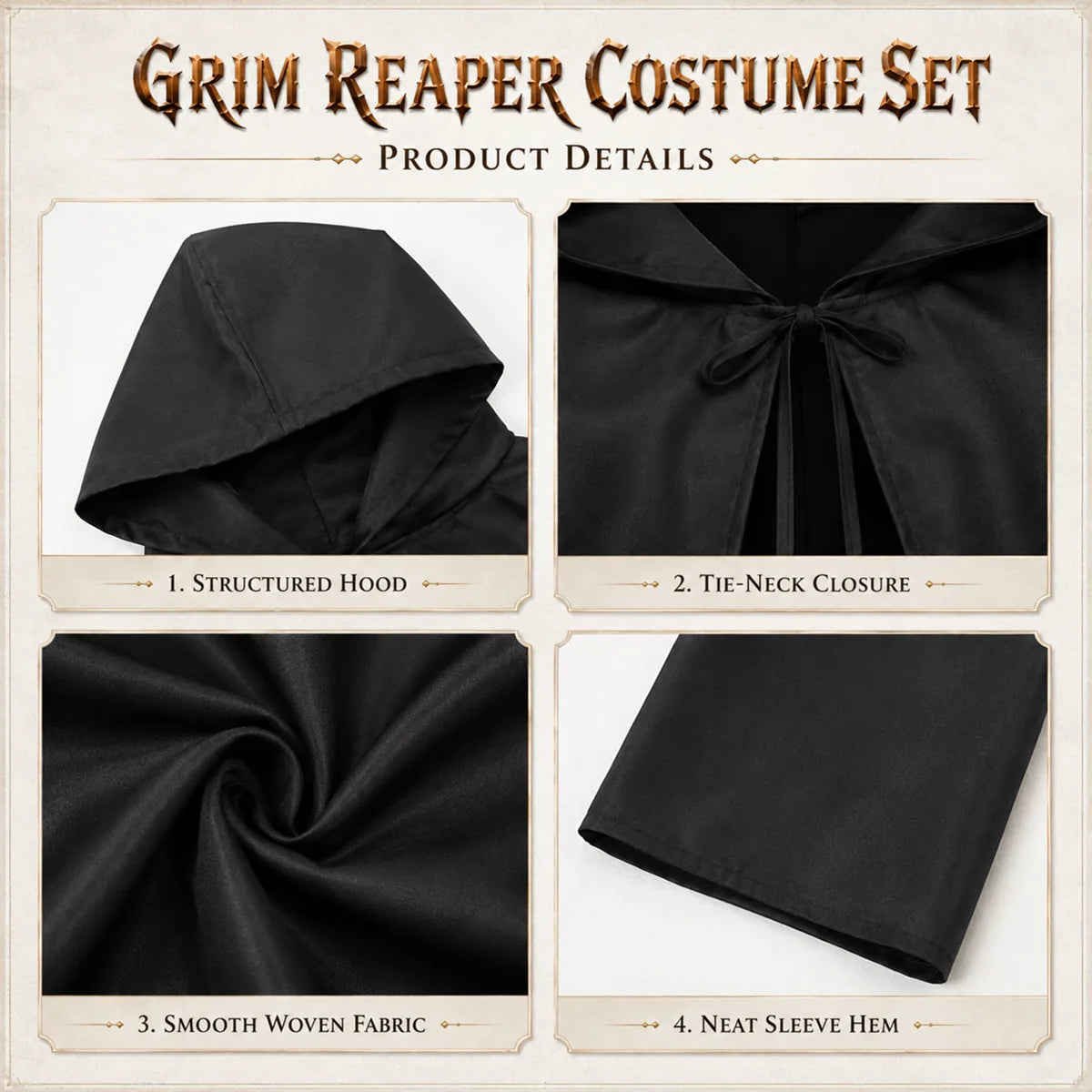Black grim reaper cape hood tie closure fabric and sleeve hem details