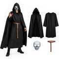 Adult black grim reaper costume with hooded cape robe skull mask and belt