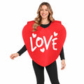 Woman wearing a red heart costume with white LOVE lettering over black clothing.