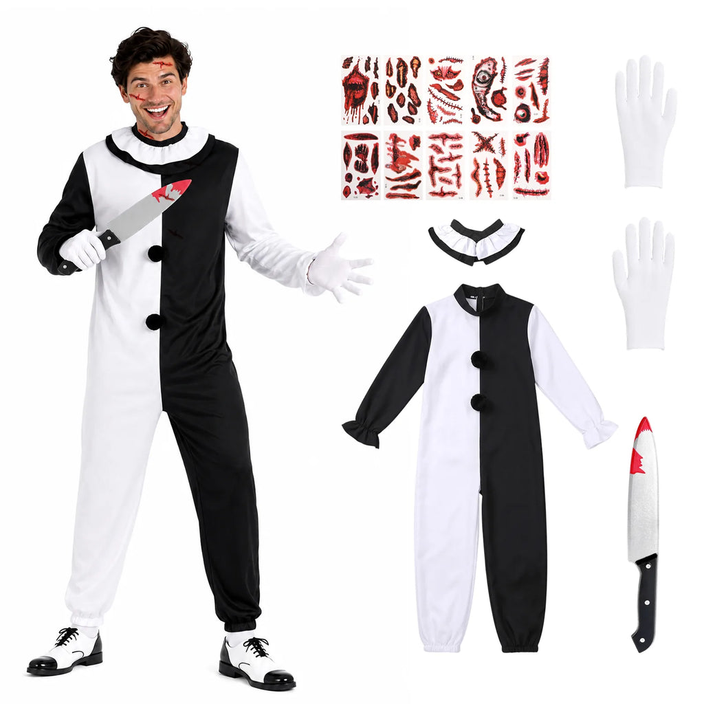 Adult Horror Clown Costume Set with Gloves, Prop Knife & Tattoos – fz-090402-3ptz-2xl-cos-2xl hero.