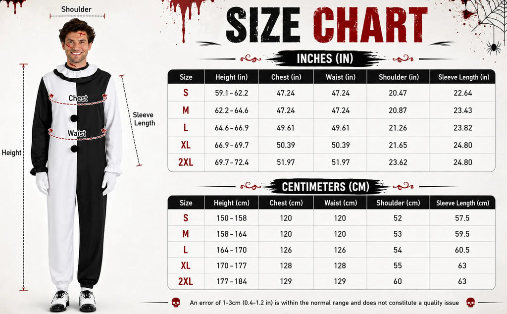 Adult Horror Clown Costume Set with Gloves, Prop Knife & Tattoos – fz-090402-3ptz-2xl-cos-2xl size chart.