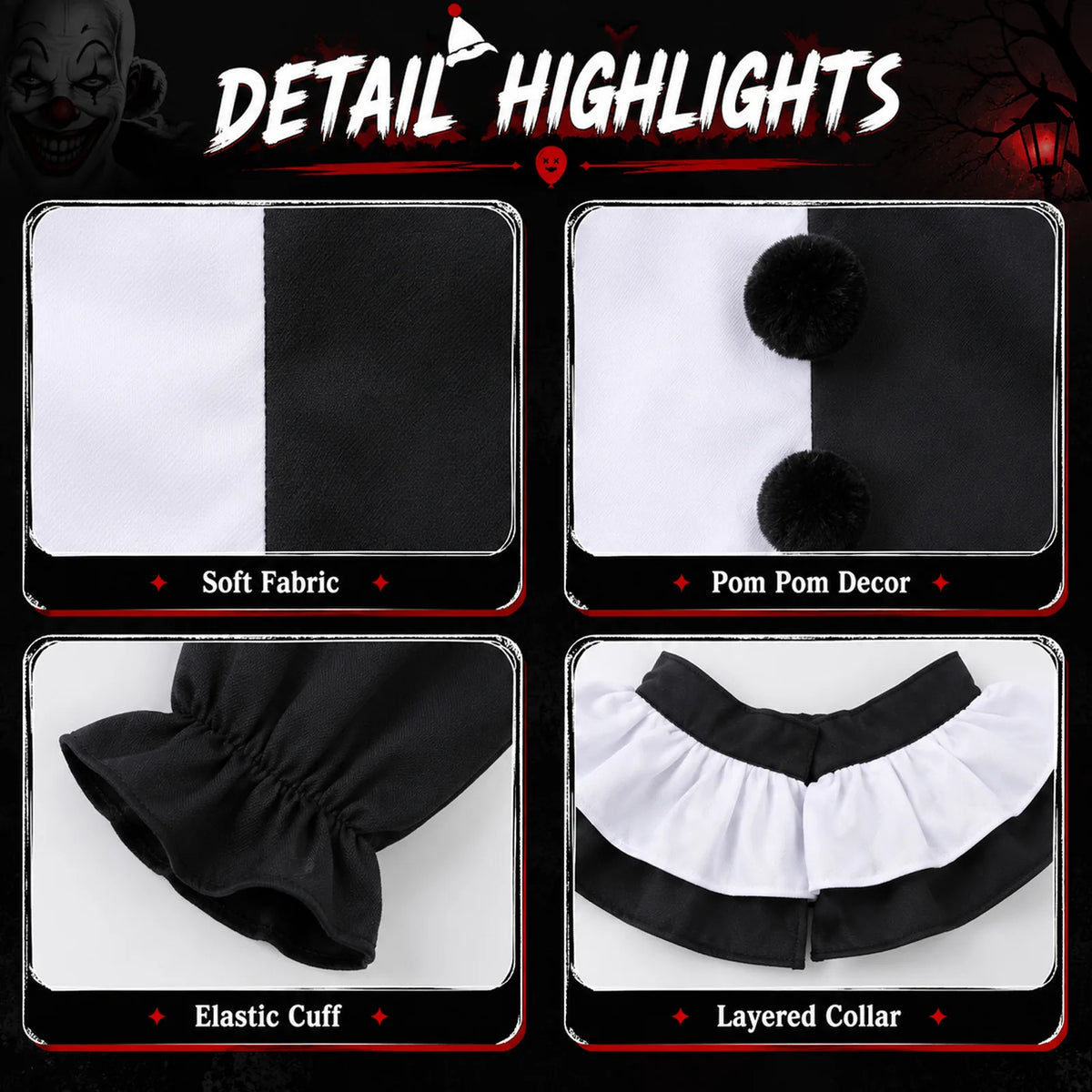 Adult Horror Clown Costume Set with Gloves, Prop Knife & Tattoos – fz-090402-3ptz-2xl-cos-2xl details.