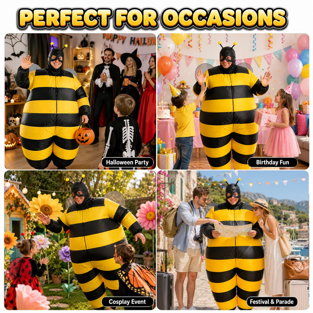 Adults wear the inflatable bee costume at Halloween, birthdays, cosplay events and parades