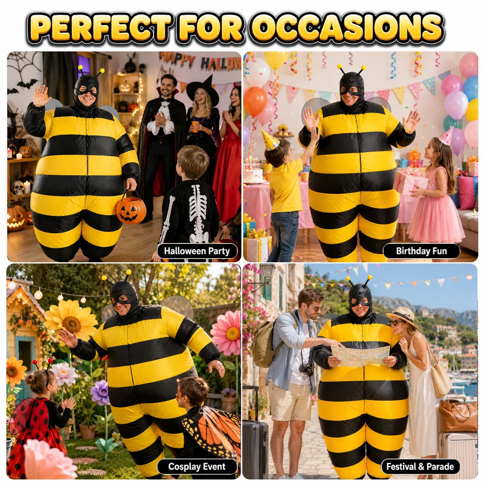 Adults wear the inflatable bee costume at Halloween, birthdays, cosplay events and parades