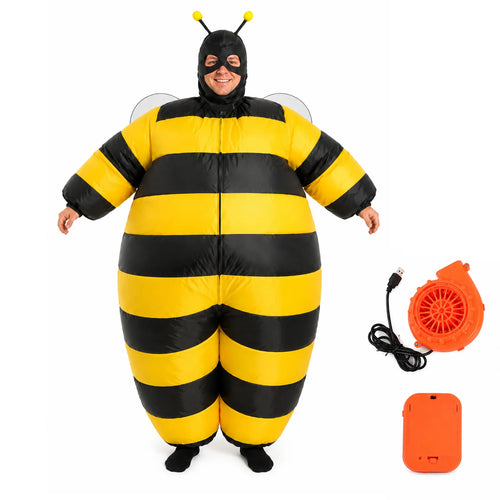Adult wearing the black and yellow inflatable bee costume with fan and battery box