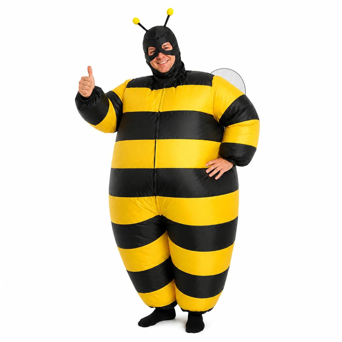 Adult stands in the rounded black and yellow inflatable bee costume