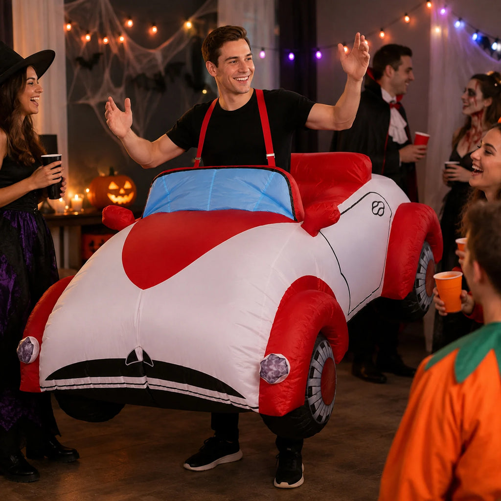 Adult wears the inflatable race car costume at a decorated Halloween party