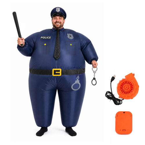 Adult inflatable police costume with cap, baton, handcuffs, fan and battery box
