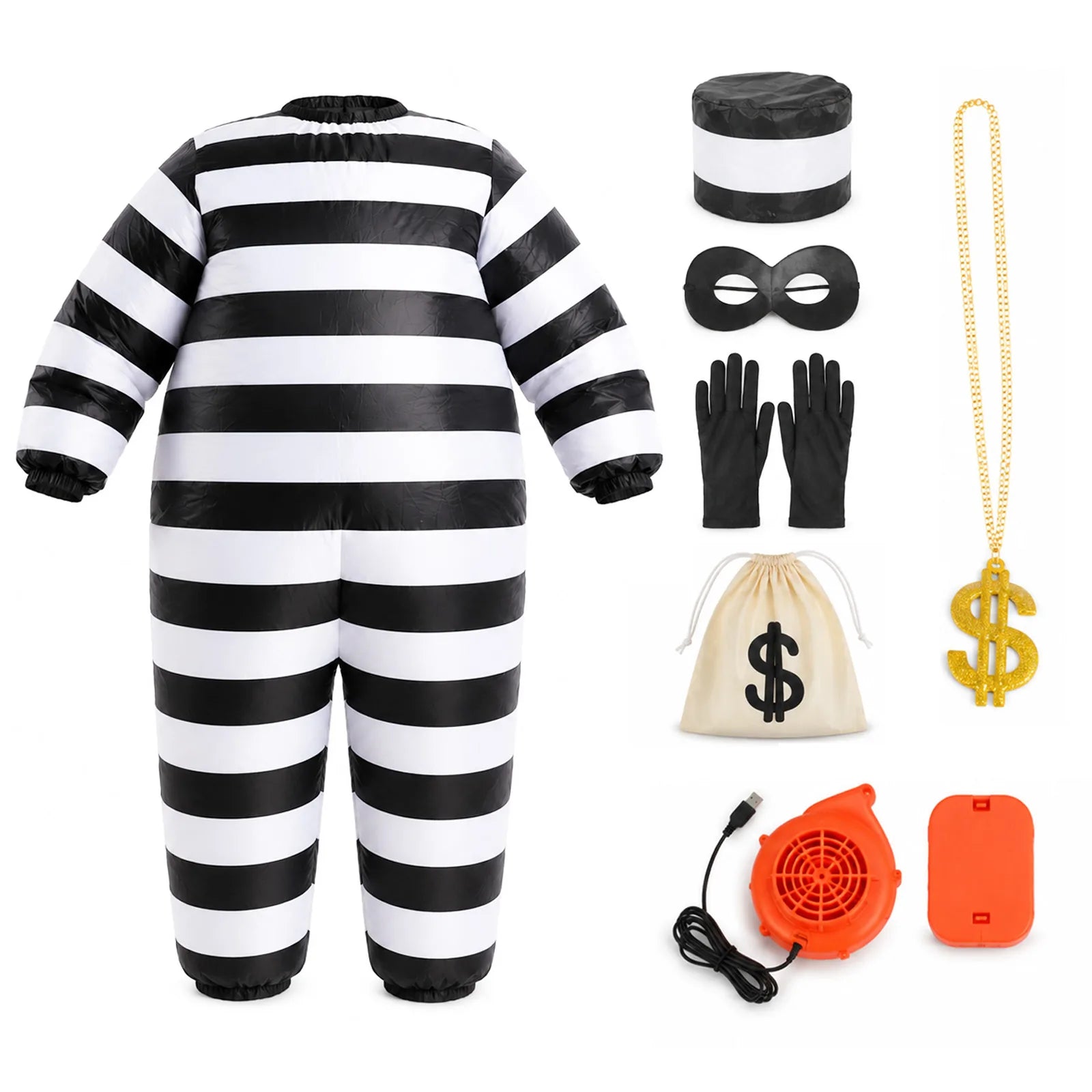 Back of the adult inflatable prisoner costume displayed beside its included accessories and fan.
