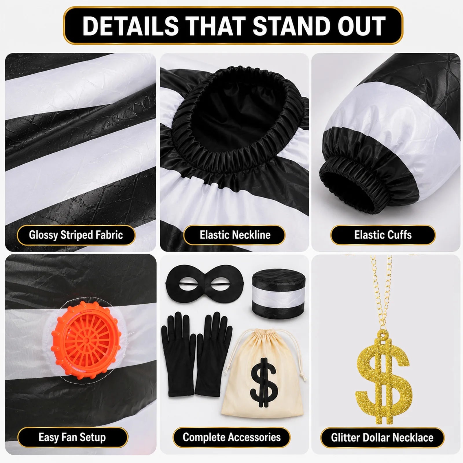 Adult burglar costume details show elastic openings, glossy stripes, the fan fitting and accessories.