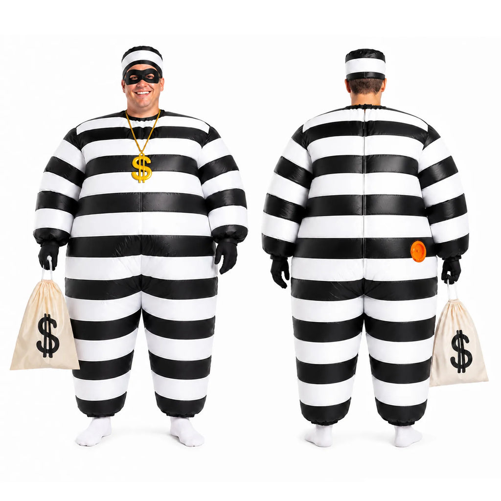 Front and back comparison of the adult inflatable prisoner costume showing the rear zipper and fan opening.