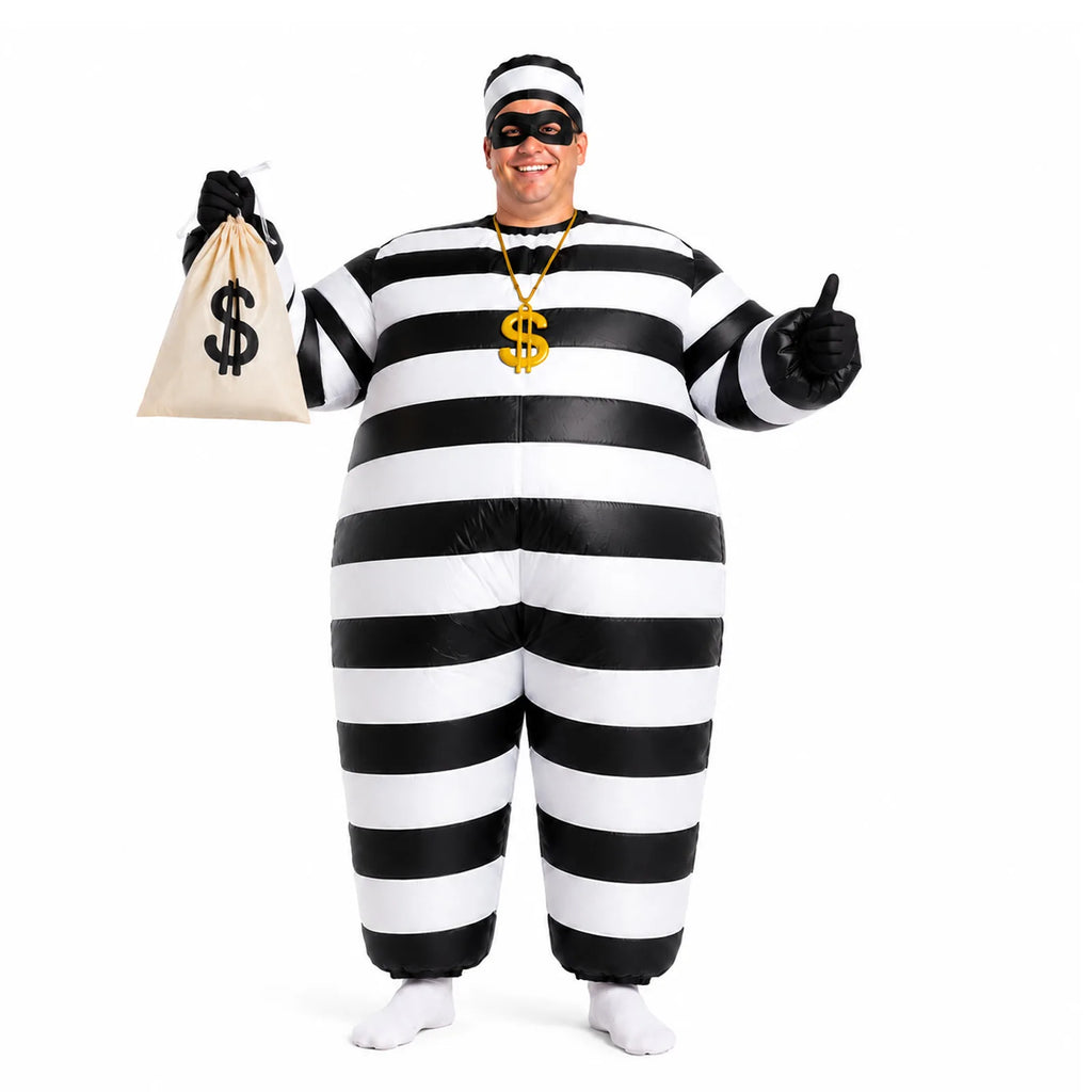 Adult inflatable prisoner costume shown from the front with matching striped accessories.