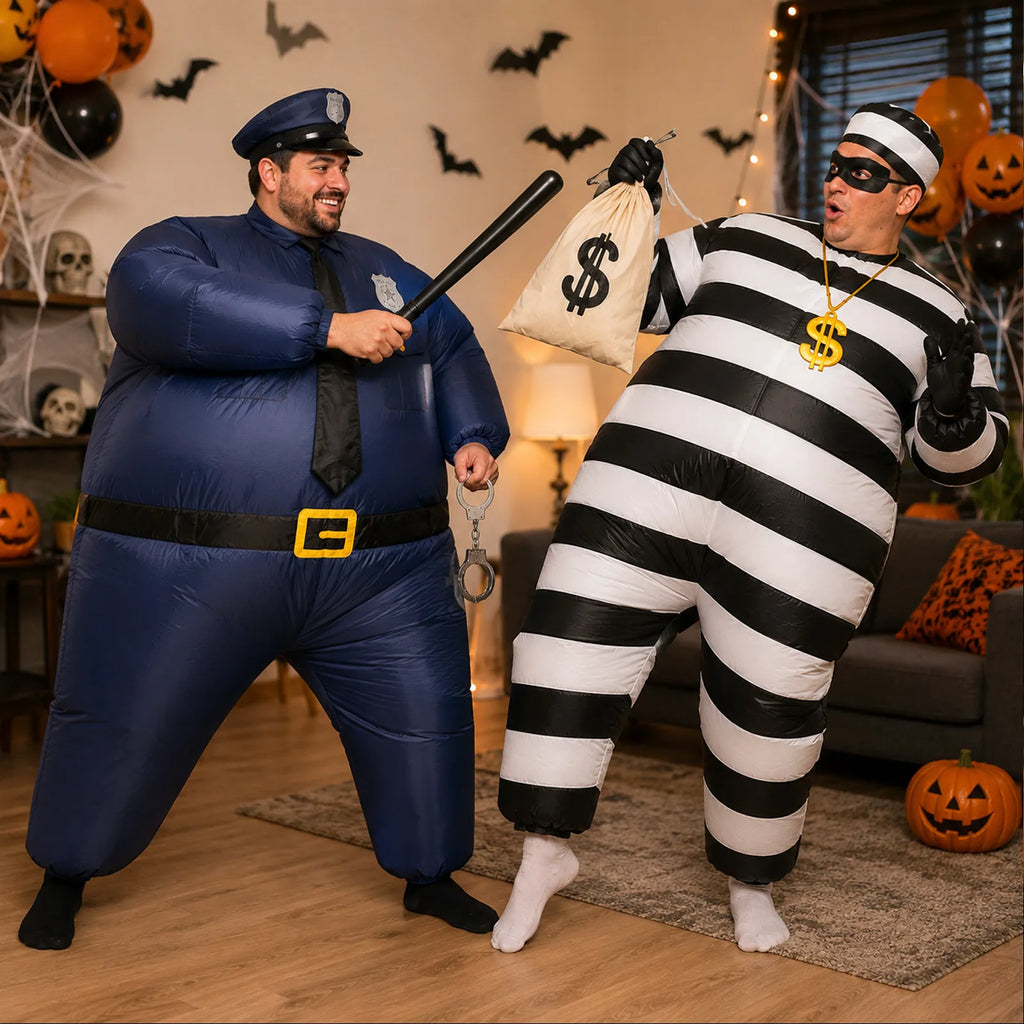 Adult wearing the inflatable prisoner costume with money bag in a decorated Halloween party scene.