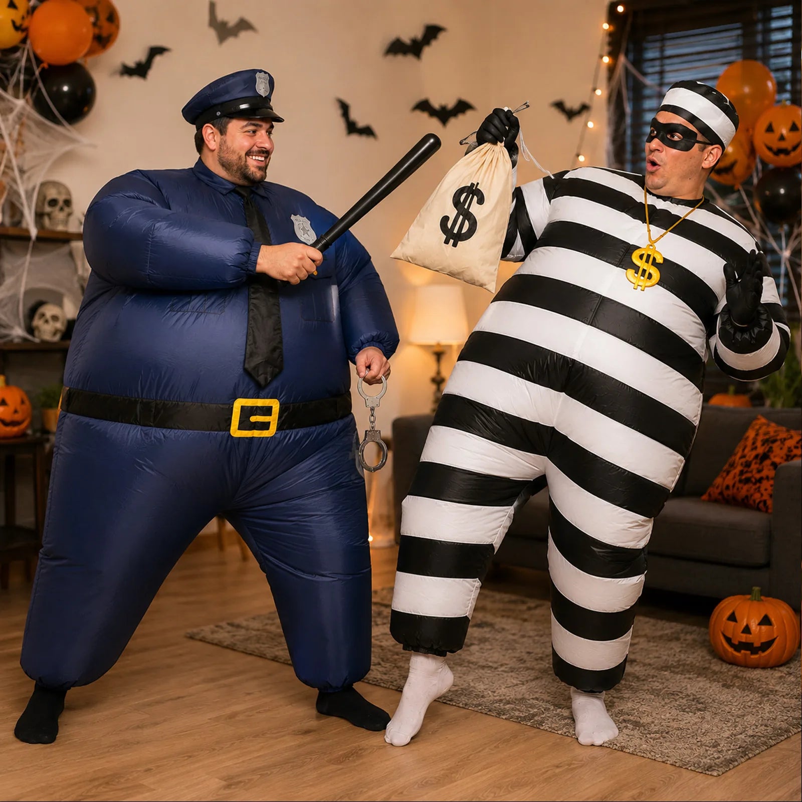 Adult wearing the inflatable prisoner costume with money bag in a decorated Halloween party scene.
