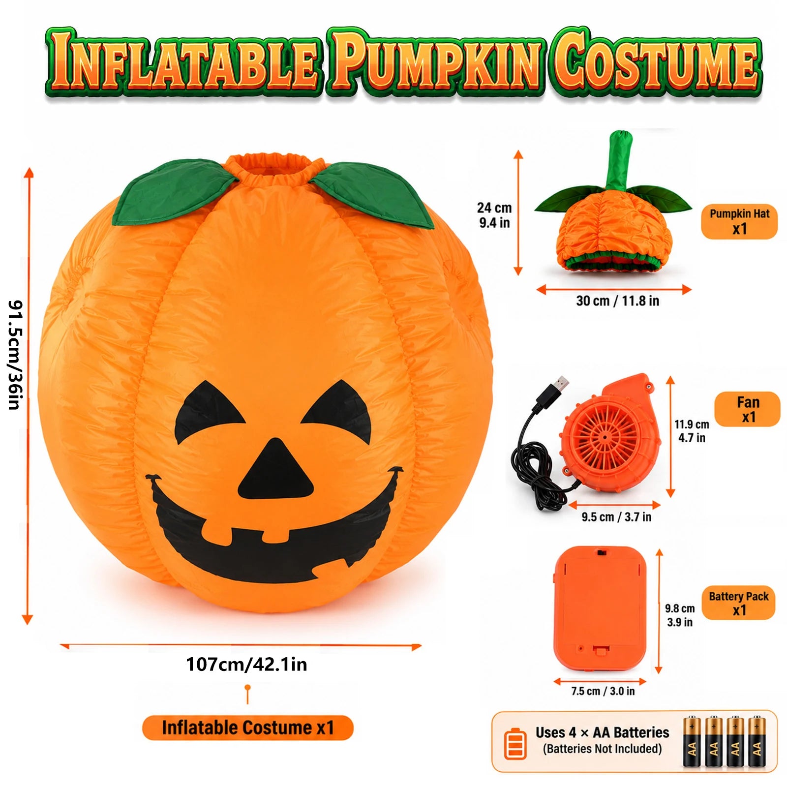 Pumpkin body and hat measurements appear with the included USB blower and battery box.
