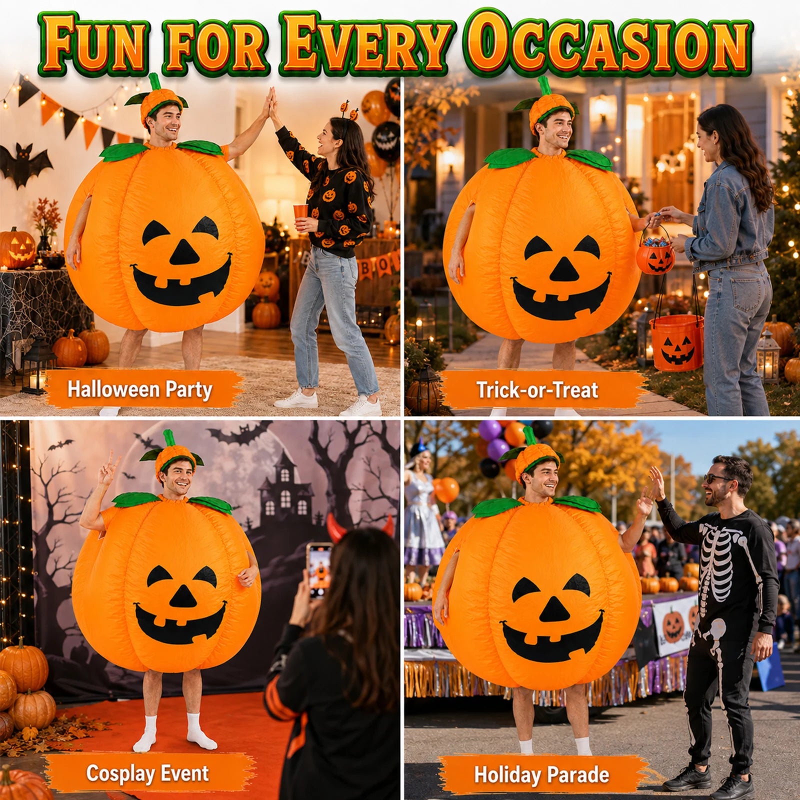 The inflatable pumpkin costume is presented for trick-or-treating, cosplay and holiday parades.