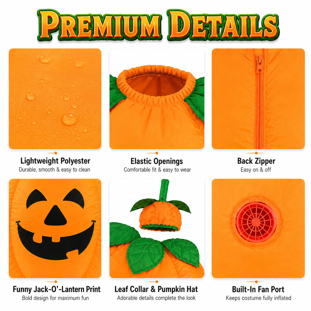 Close-ups show the pumpkin costume's elastic openings, back zipper and printed jack-o'-lantern face.