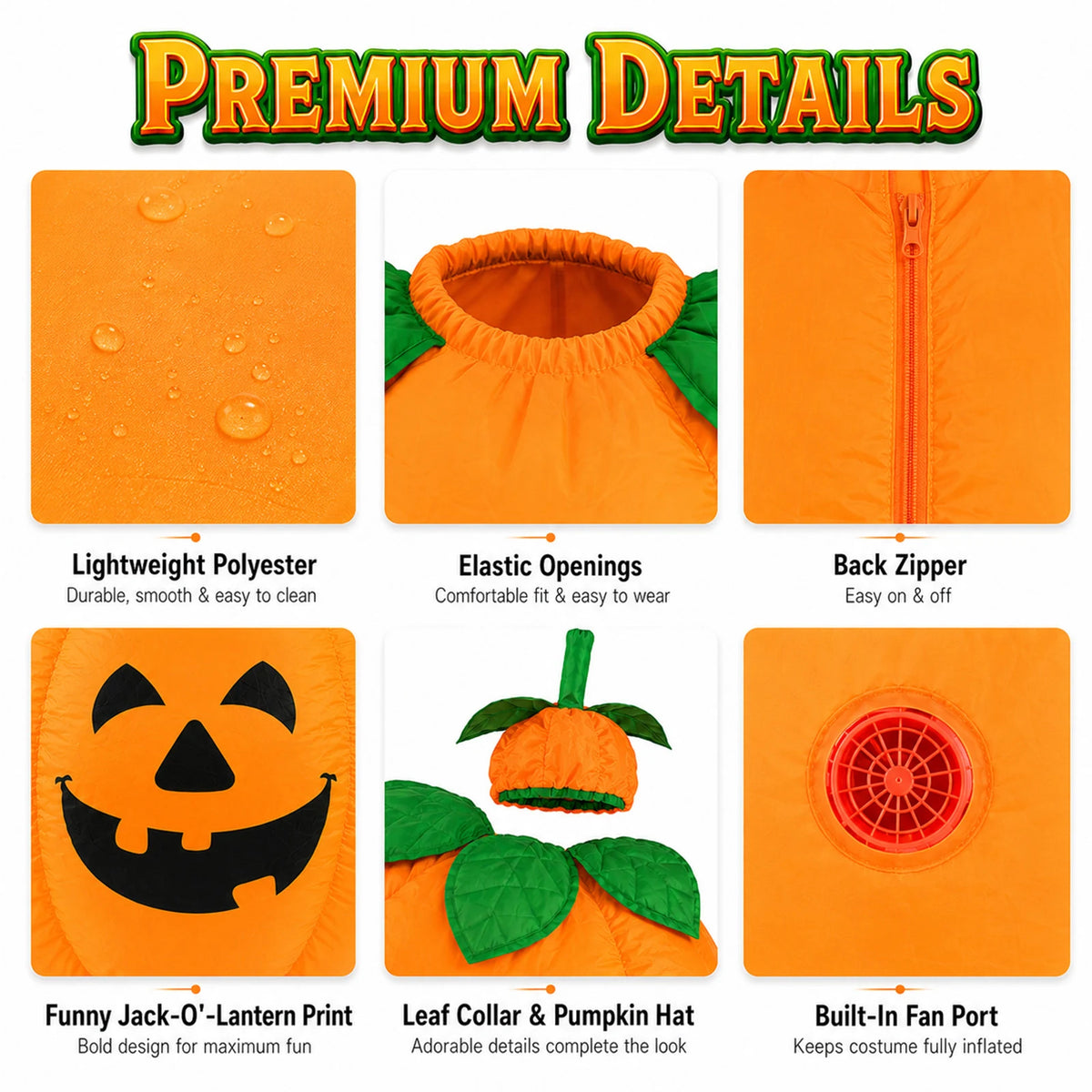 Close-ups show the pumpkin costume's elastic openings, back zipper and printed jack-o'-lantern face.