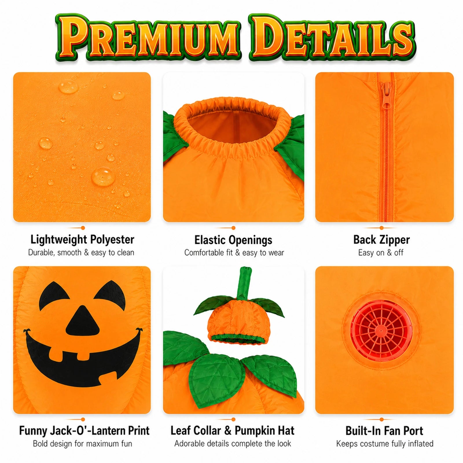 Close-ups show the pumpkin costume's elastic openings, back zipper and printed jack-o'-lantern face.